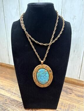 Vintage Southwestern Bell Trading Post Copper Faux Turquoise 30" Chain Necklace